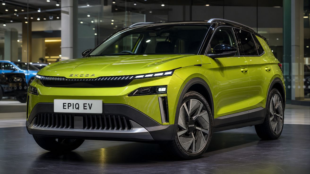 Automóvel elétrico Škoda EPIQ EV verde com design moderno exposto em salão interior.