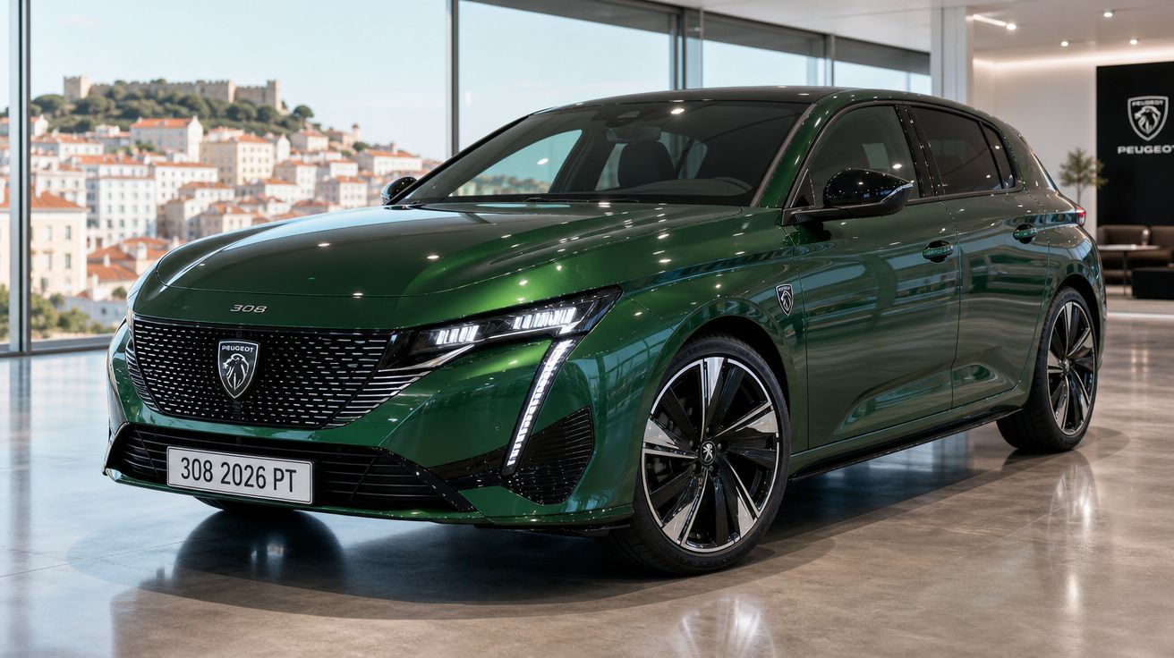 Peugeot 308 verde metálico estacionado em showroom com grande janela e vista urbana ao fundo.