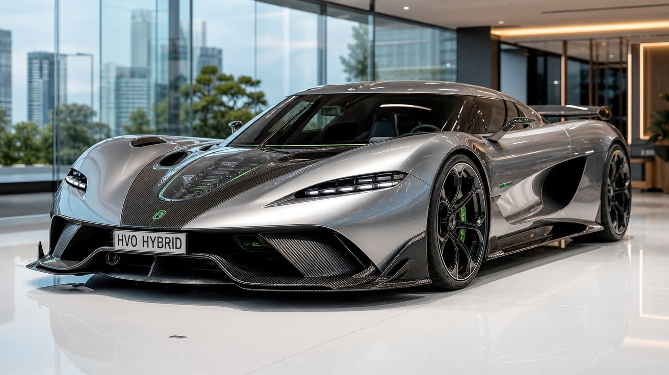 Carro desportivo híbrido prateado com detalhes em preto e verde, exposto em salão moderno com grandes janelas.