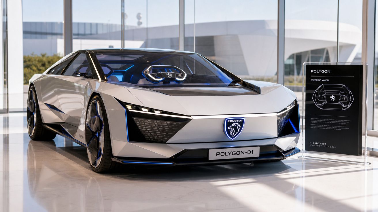 Carro conceito Peugeot Polygon-01 branco exposto em salão com design futurista e linhas angulares.