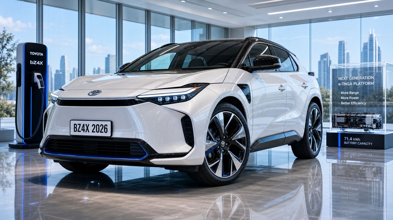 Automóvel elétrico Toyota bZ4X branco estacionado em showroom moderno com carregador à esquerda.