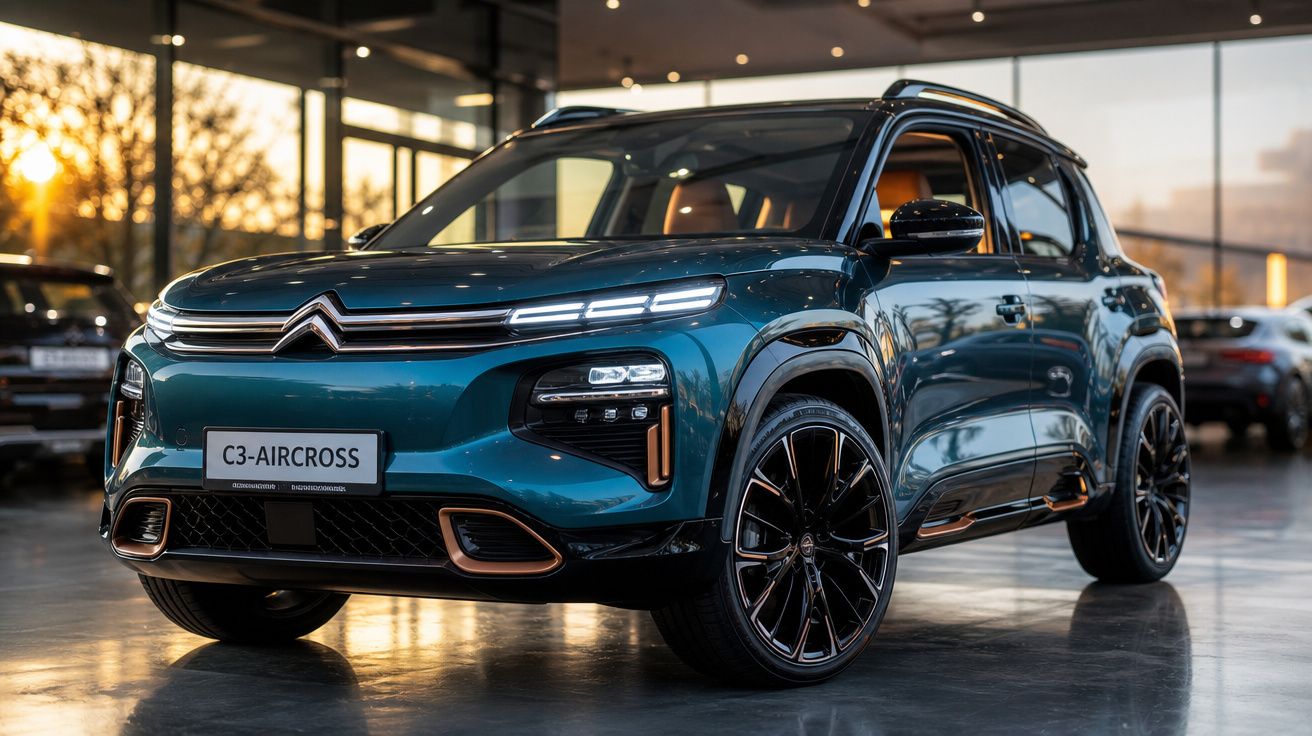 SUV Citroën C3 Aircross azul exibido numa sala de vendas moderna com luz natural ao pôr do sol.