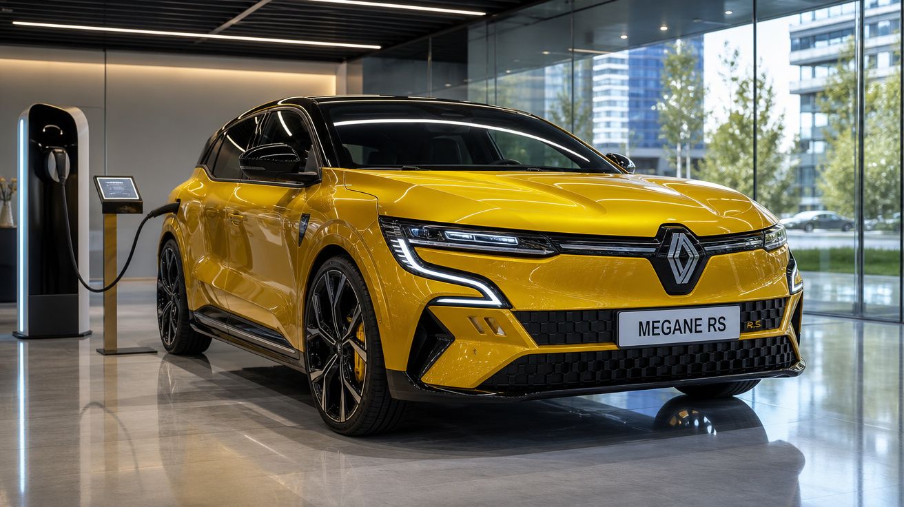 Carro elétrico Renault Megane RS amarelo a carregar numa estação em showroom moderno com janelas amplas.