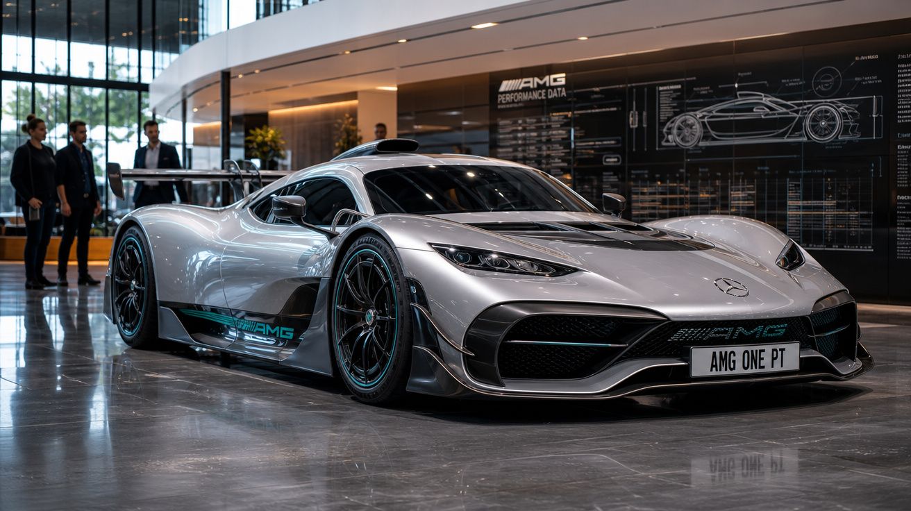 Carro desportivo Mercedes-AMG prata num salão moderno com três pessoas ao fundo.