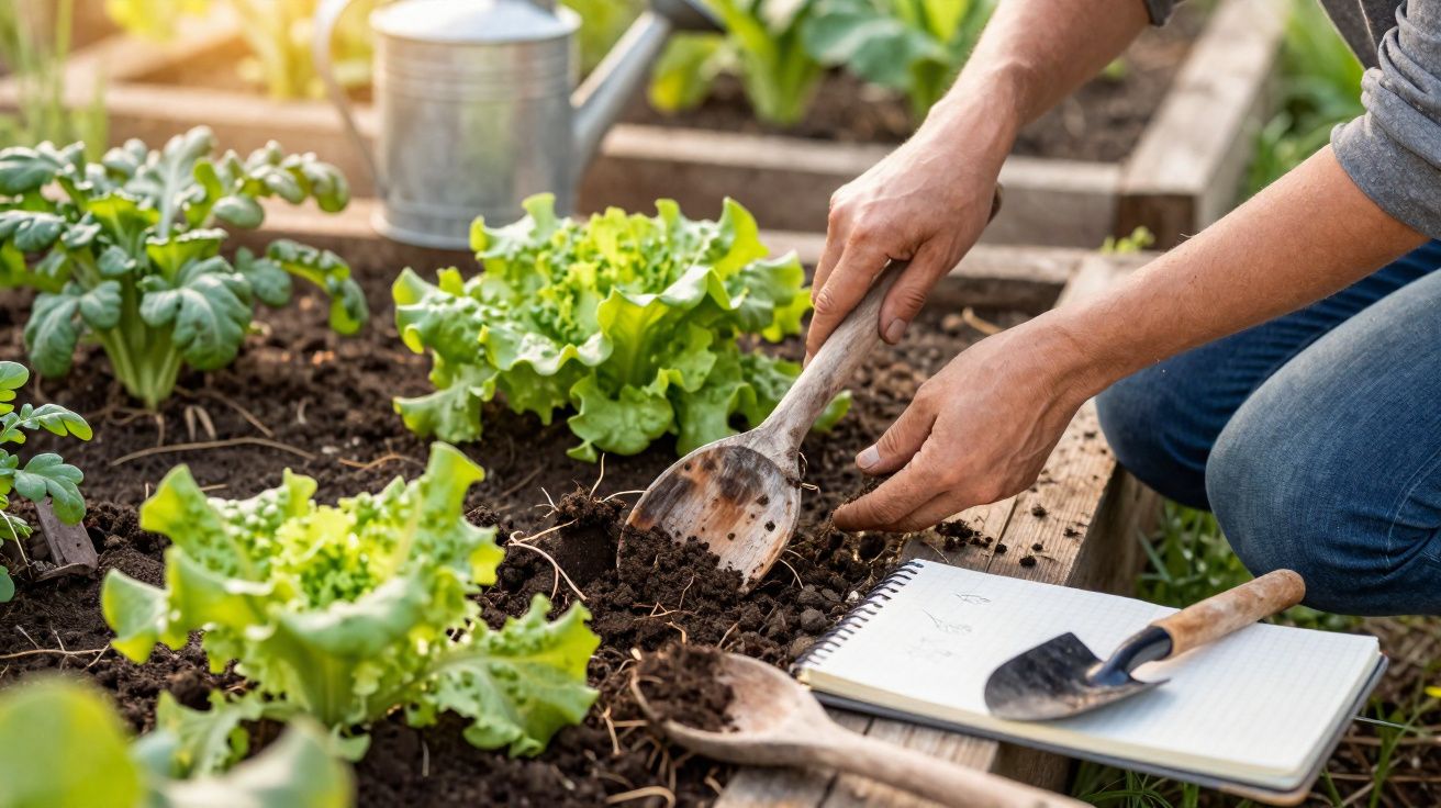 Pessoa a preparar solo com uma colher de madeira num campo com alfaces e caderno aberto com enxada.