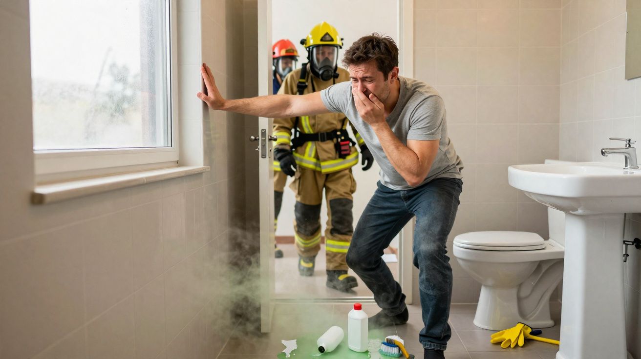 Homem tapando o nariz em casa fumegante com bombeiros a entrar no quarto ao fundo numa situação de emergência.