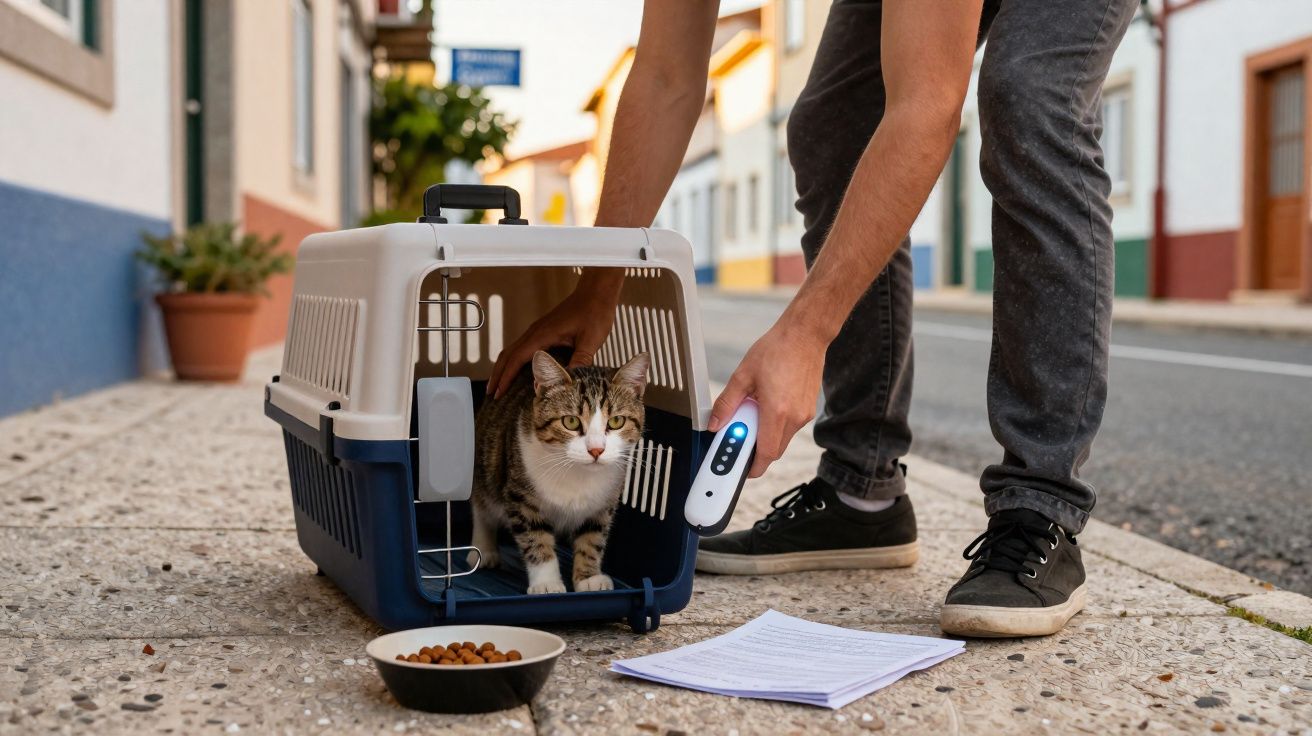 Pessoa a utilizar scanner num gato dentro de transportadora numa rua, com um prato de ração e papel no chão.