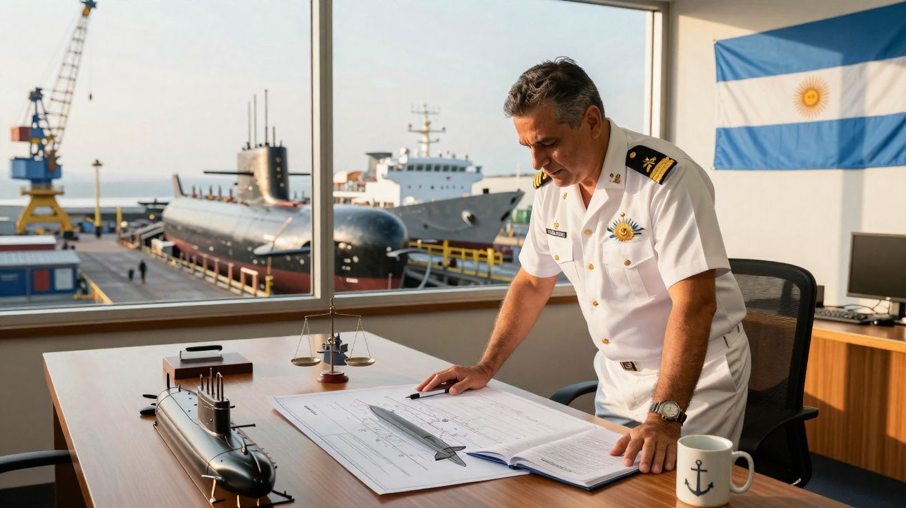 Oficial naval argentino a estudar planos de submarino num escritório com vista para o porto e um submarino real.