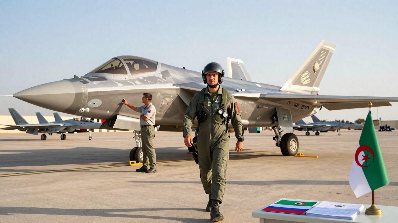 Piloto militar com fato de voo e capacete caminha à frente de um caça F-35 na pista de aeroporto, com bandeira da Argélia.