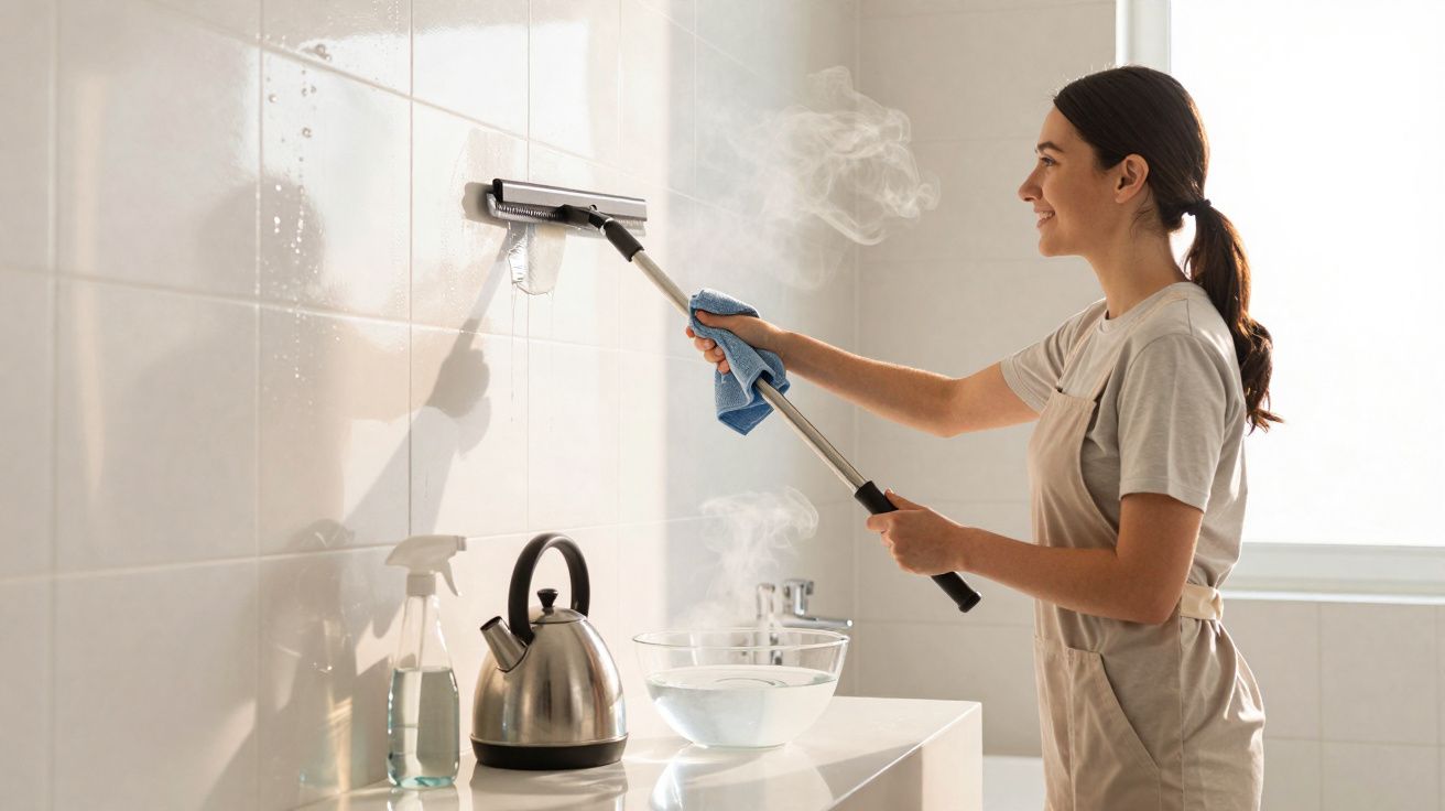 Mulher a limpar azulejos da cozinha com rodo e pano, com vapor visível no ambiente iluminado.
