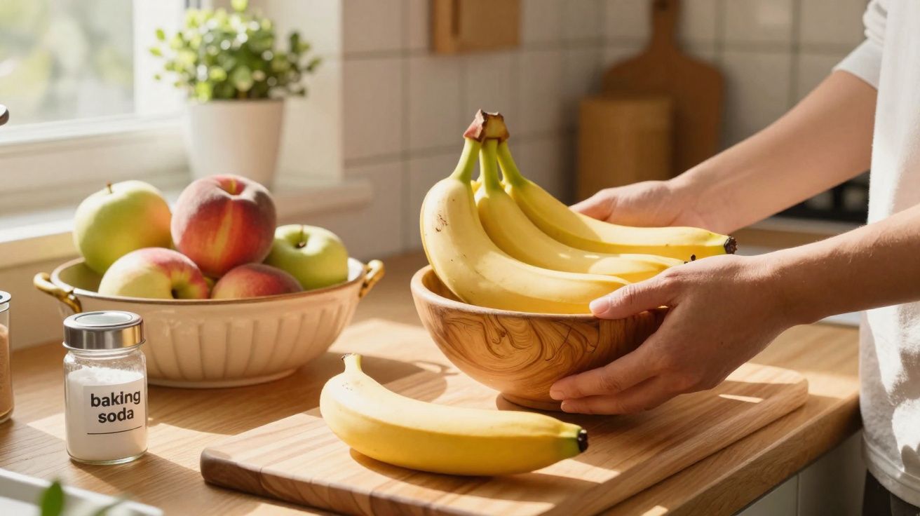 Mãos seguram cacho de bananas sobre mesa de cozinha com frutas e frasco de bicarbonato de sódio.