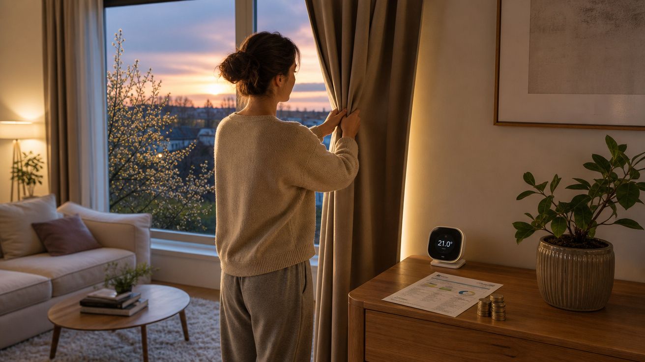 Mulher a abrir cortinas ao pôr do sol numa sala acolhedora e moderna com decoração minimalista.