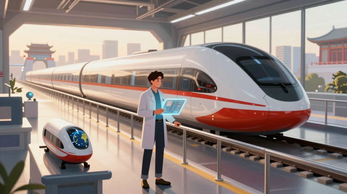 Homem com bata branca analisa um projeto digital perto de comboio de alta velocidade numa estação moderna.