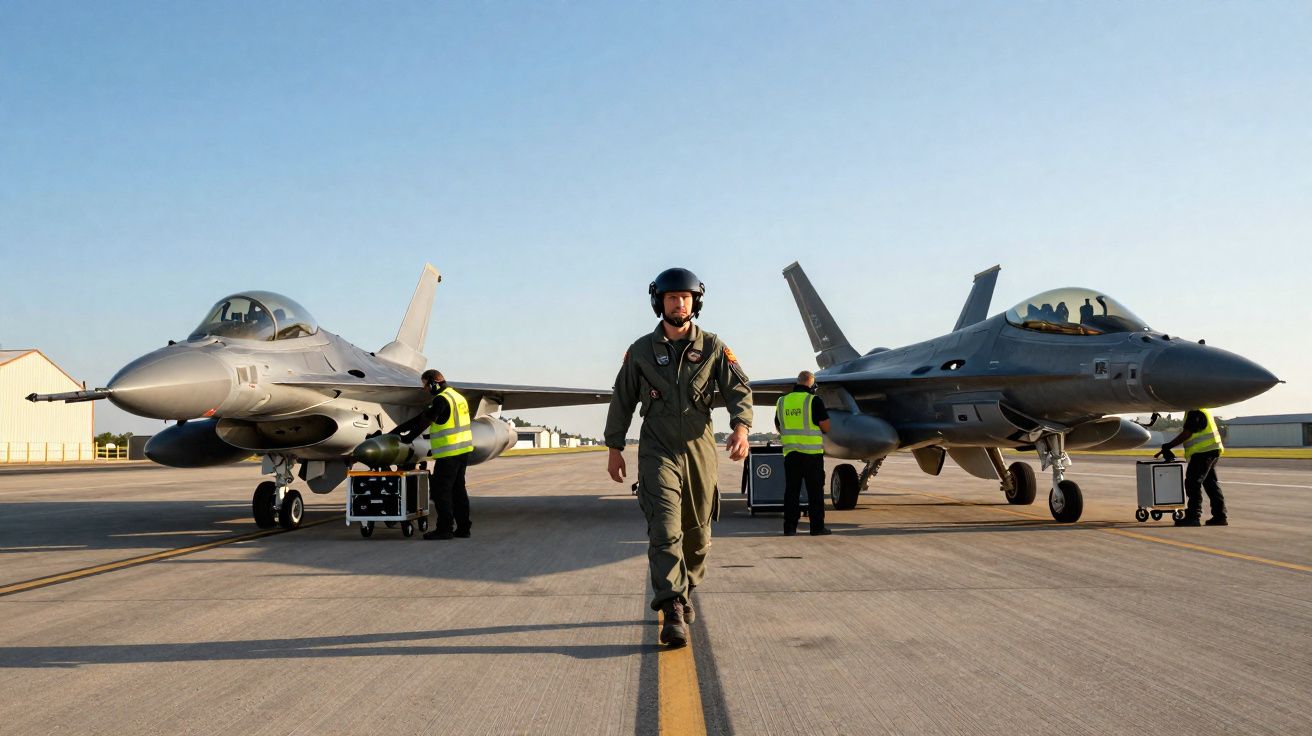 Piloto militar a caminhar entre dois caças estacionados numa pista de aeroporto com técnicos ao redor.