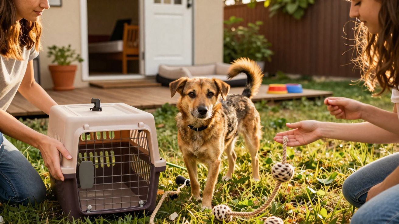 Cão castanho e preto entre duas pessoas a brincar no jardim com caixa de transporte e brinquedo de corda.