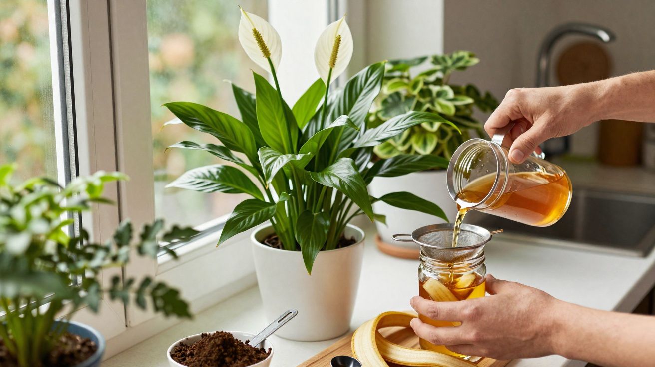 Mãos a verter chá quente num copo com infusor numa cozinha luminosa junto a plantas verdes.
