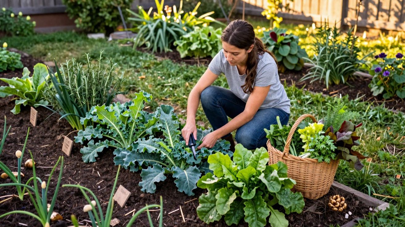 Mulher a cuidar de plantas num jardim com cesto cheio de verduras e ervas aromáticas ao lado.