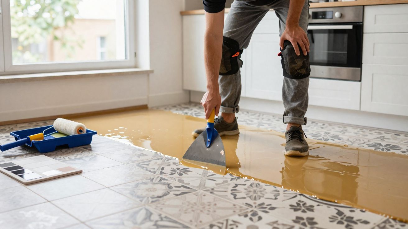 Pessoa a aplicar verniz castanho num chão em mosaico numa divisão interior, usando joelheiras.
