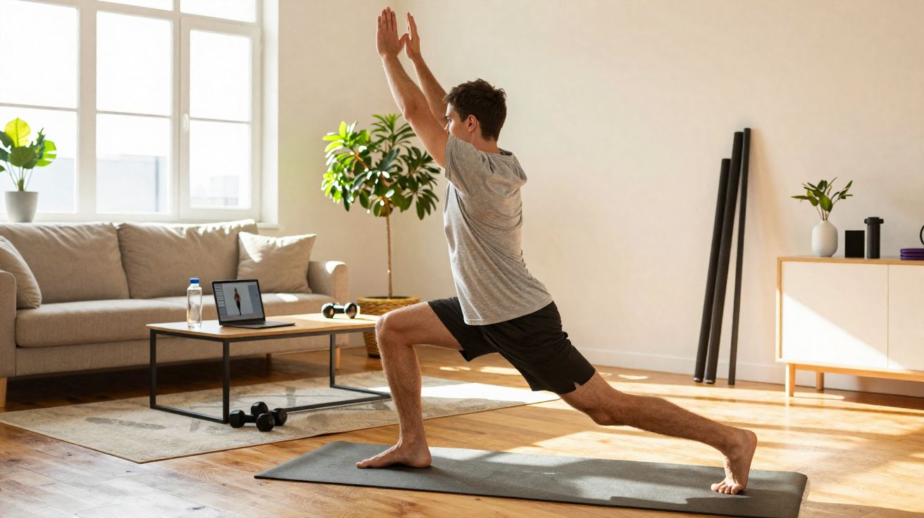 Homem jovem a fazer yoga em tapete no chão da sala, com luz natural e planta ao fundo.