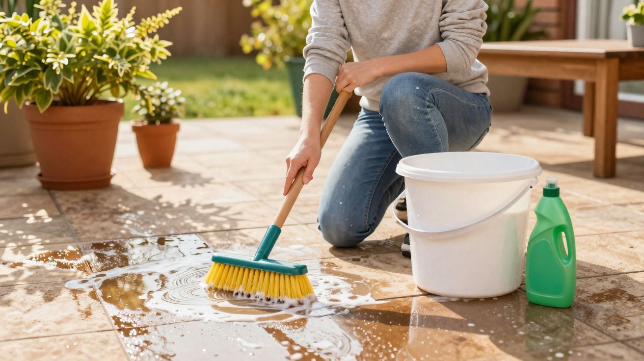 Pessoa a limpar chão exterior de azulejos com escova, balde branco e detergente verde ao lado.