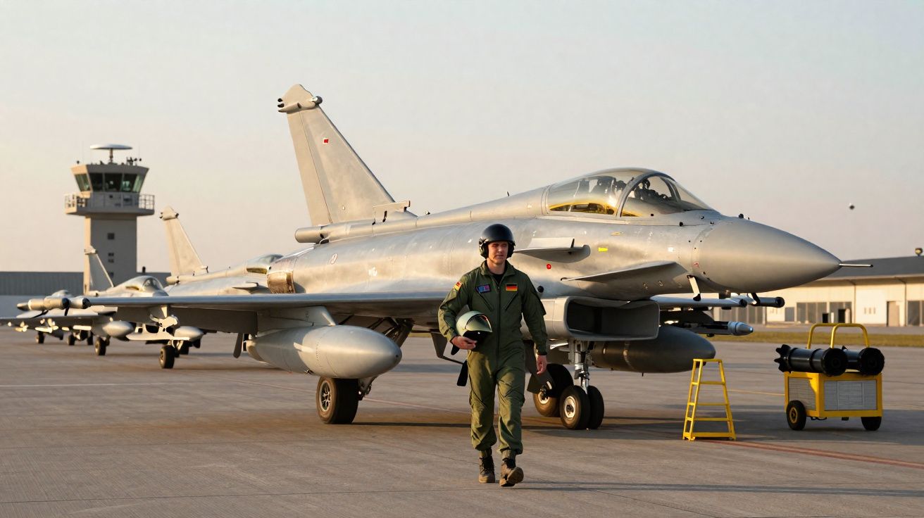 Avião de caça estacionado em pista com piloto militar a caminhar em primeiro plano ao entardecer.