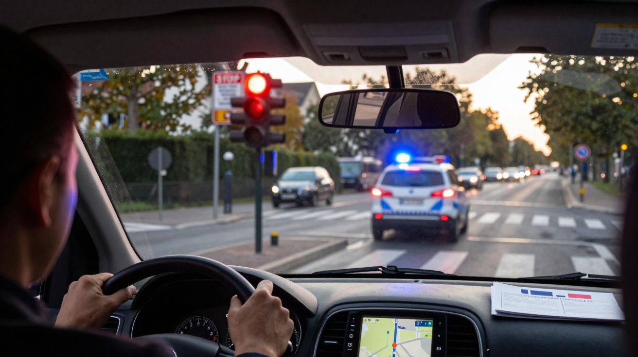 View interior de carro com condutor parado no semáforo vermelho atrás de viatura policial com luzes ligadas numa rua urbana.