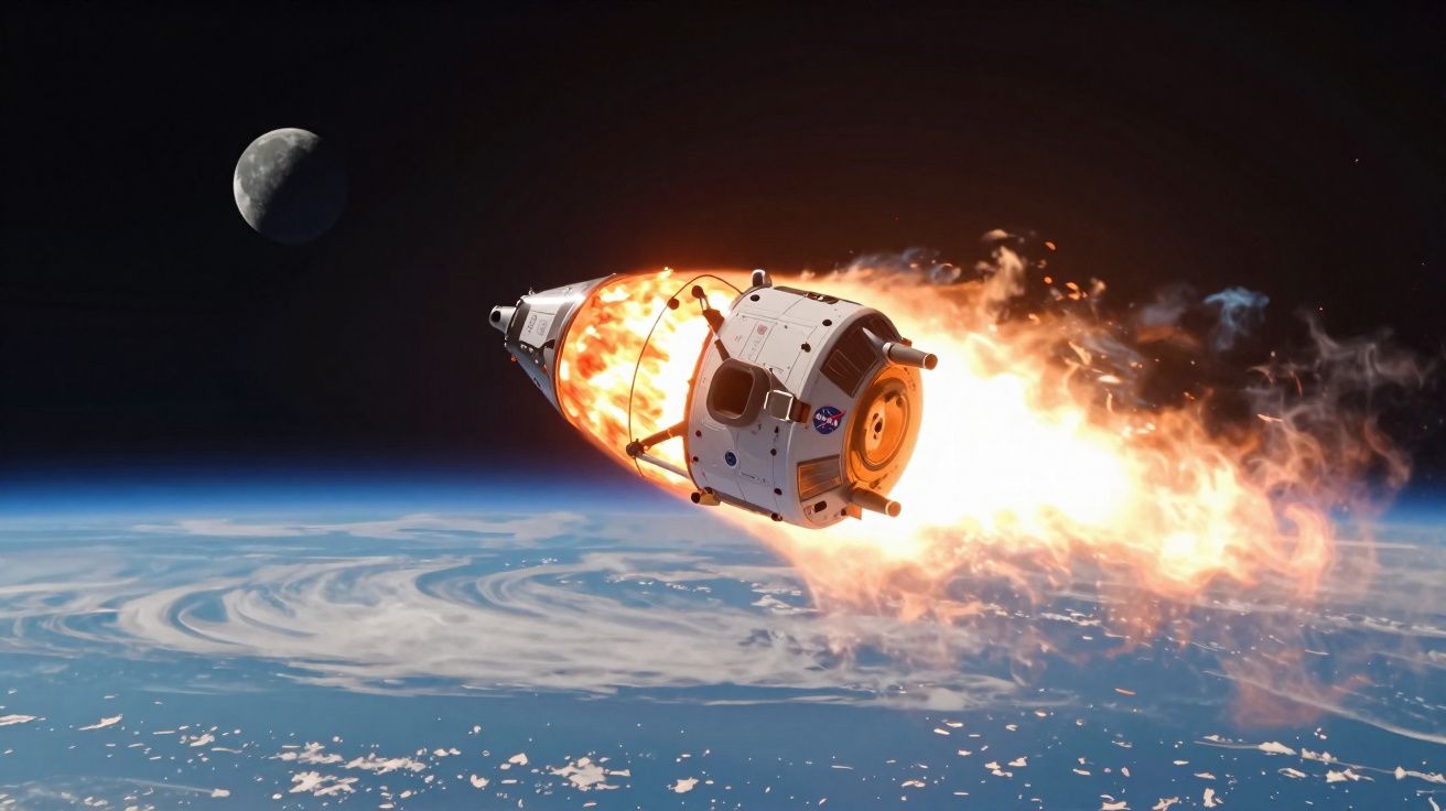 Módulo espacial em reentrada na atmosfera terrestre com chama intensa, Lua visível ao fundo no espaço.