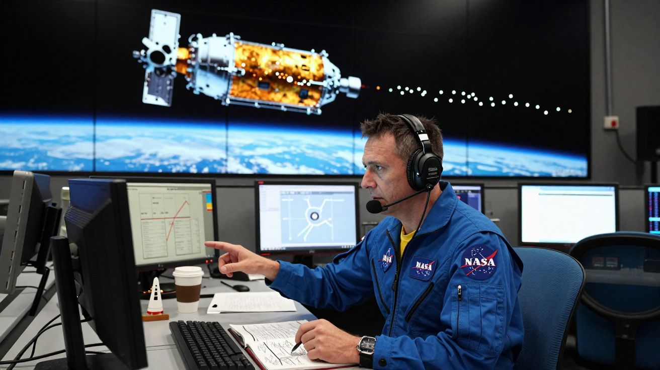 Homem com fato da NASA e headset opera computador em centro de controlo espacial com imagens de satélite ao fundo.