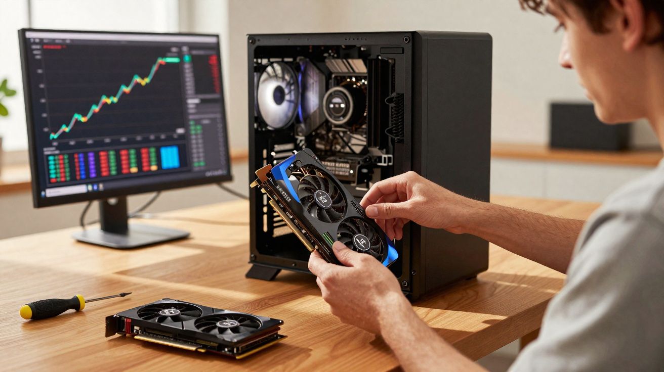 Pessoa a instalar placa gráfica num computador de secretária com gráfico de ações no ecrã ao fundo.
