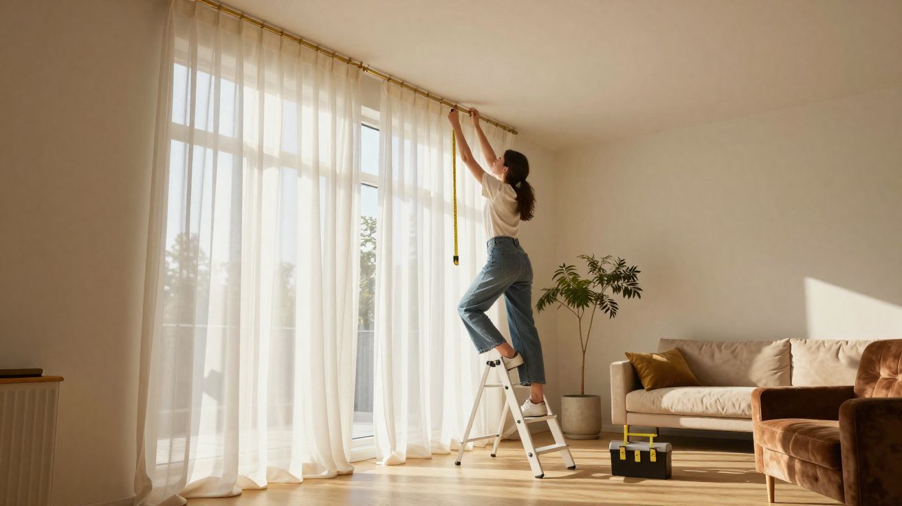 Mulher em escada a medir cortinas num salão com sofá, planta e caixa de ferramentas.