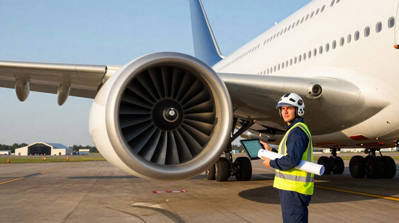 Técnico em colete refletor e capacete junto a motor de avião no pátio do aeroporto segurando prancheta e plantas.
