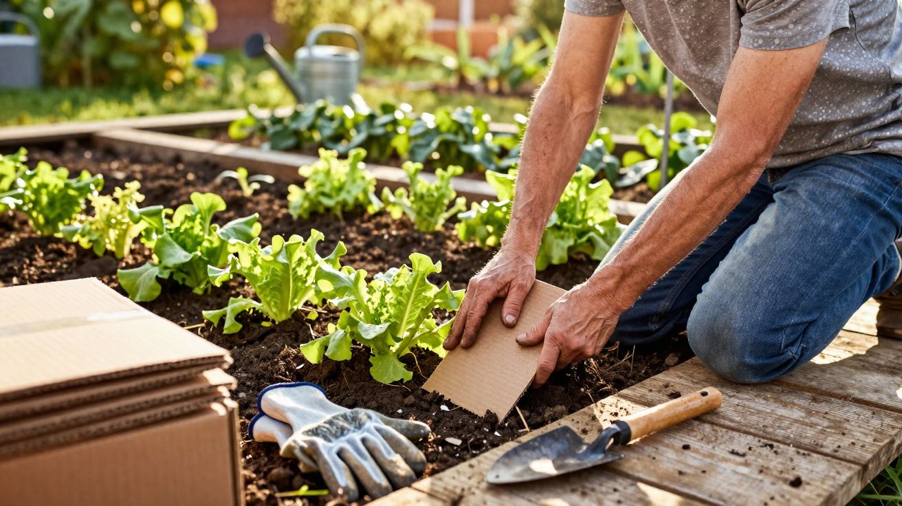Pessoa a usar tiras de cartão como proteção para plantas de alface numa horta em canteiros elevados.
