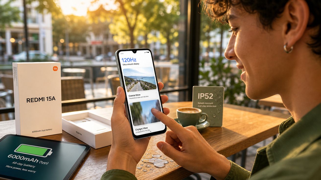 Pessoa segurando smartphone Redmi 15A com ecrã a 120Hz numa mesa com embalagem e café.