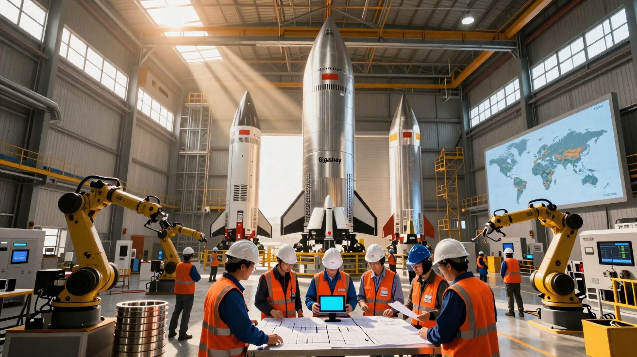 Equipa de engenheiros com capacetes e coletes laranja trabalha em projeto perto de três foguetões dentro de hangar industrial