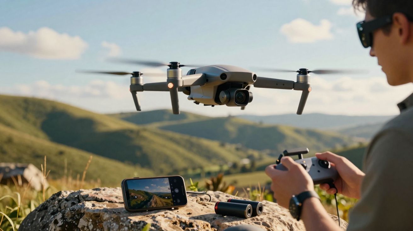 Drone cinzento voa sobre paisagem montanhosa, controlado por homem com comando remoto e smartphone.