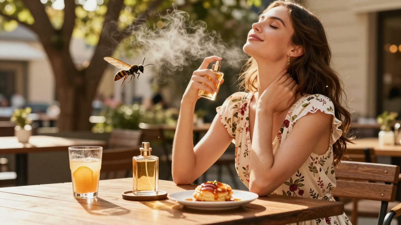 Mulher sentada ao ar livre a borrifar perfume enquanto uma vespa voa perto da bebida e sobremesa na mesa.