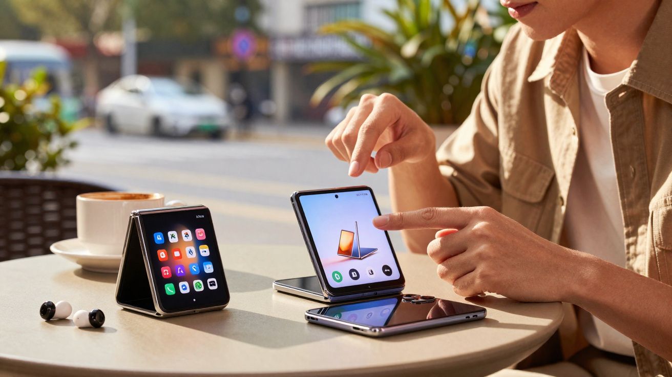 Pessoa a usar smartphone dobrável num café, com dois telemóveis e auriculares numa mesa redonda.