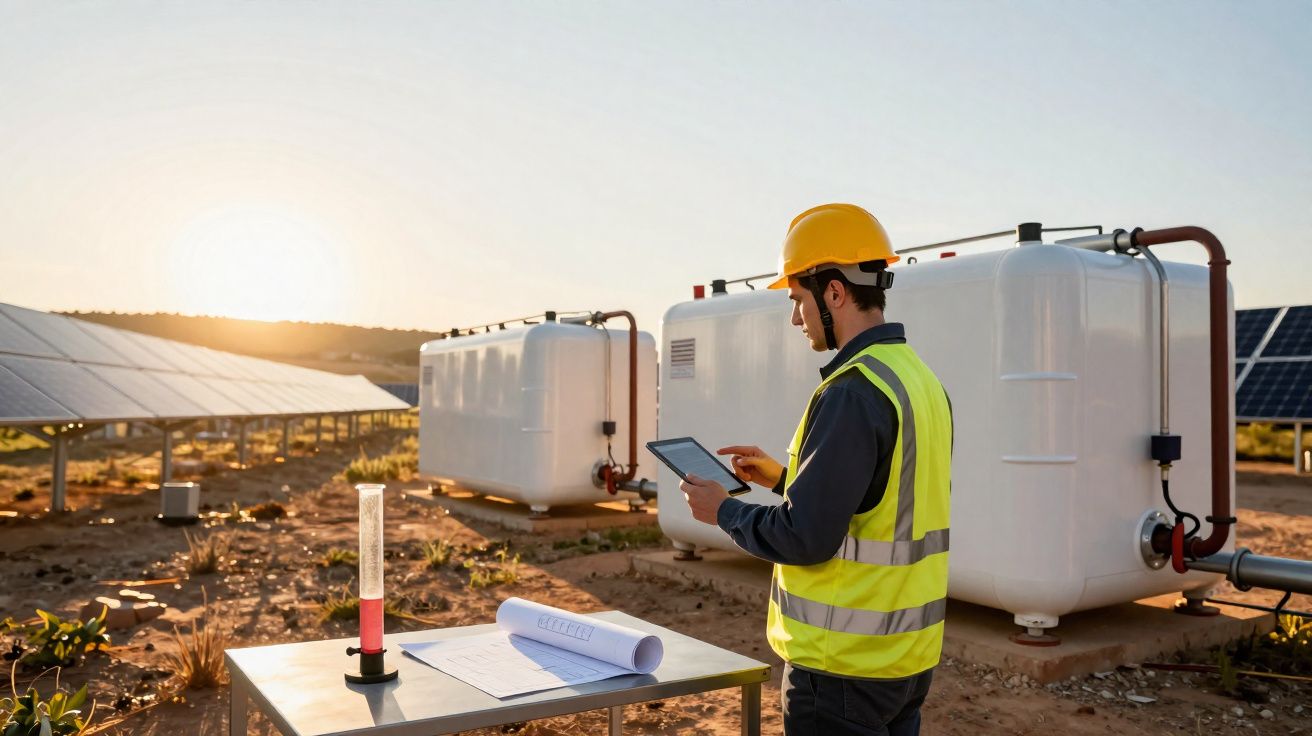 Engenheiro com capacete e colete verifica painel digital numa instalação de painéis solares ao pôr do sol.