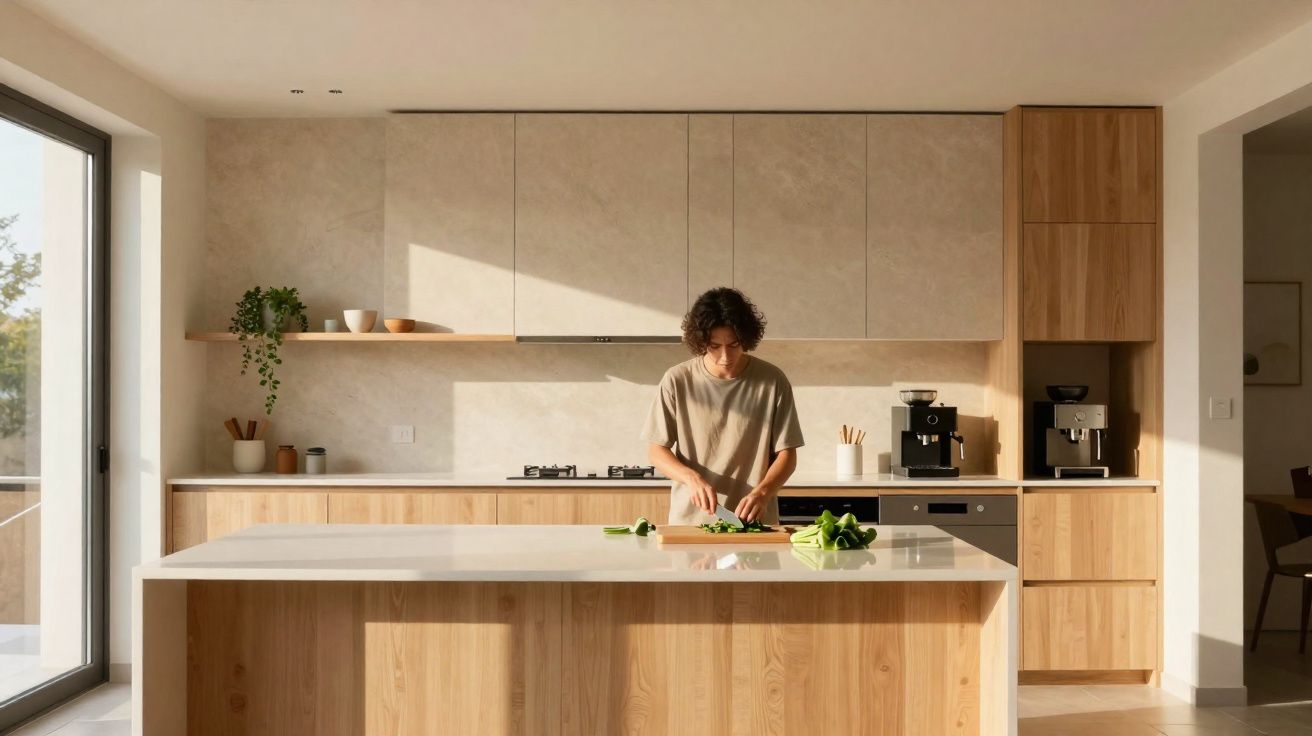 Pessoa a cortar legumes numa cozinha moderna com armários de madeira e bancada branca.