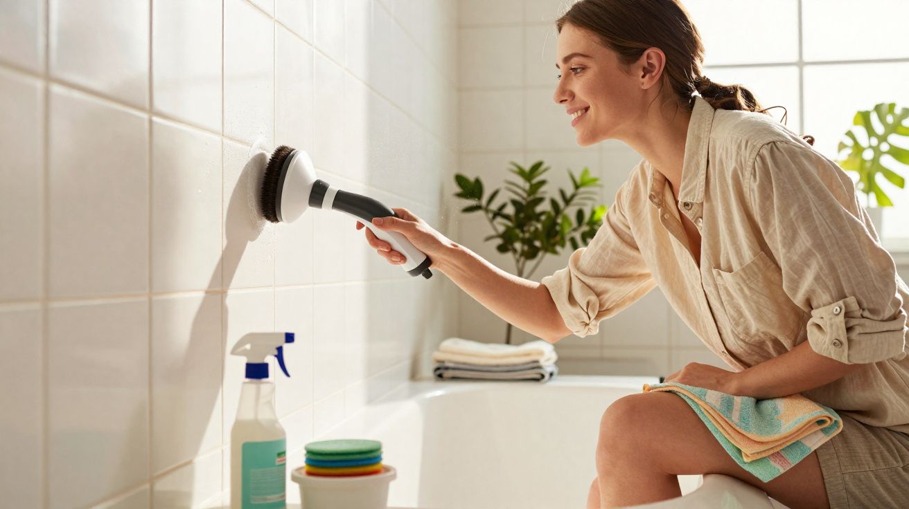 Mulher sorridente a limpar azulejos da casa de banho com escova elétrica, ao lado de produtos de limpeza.