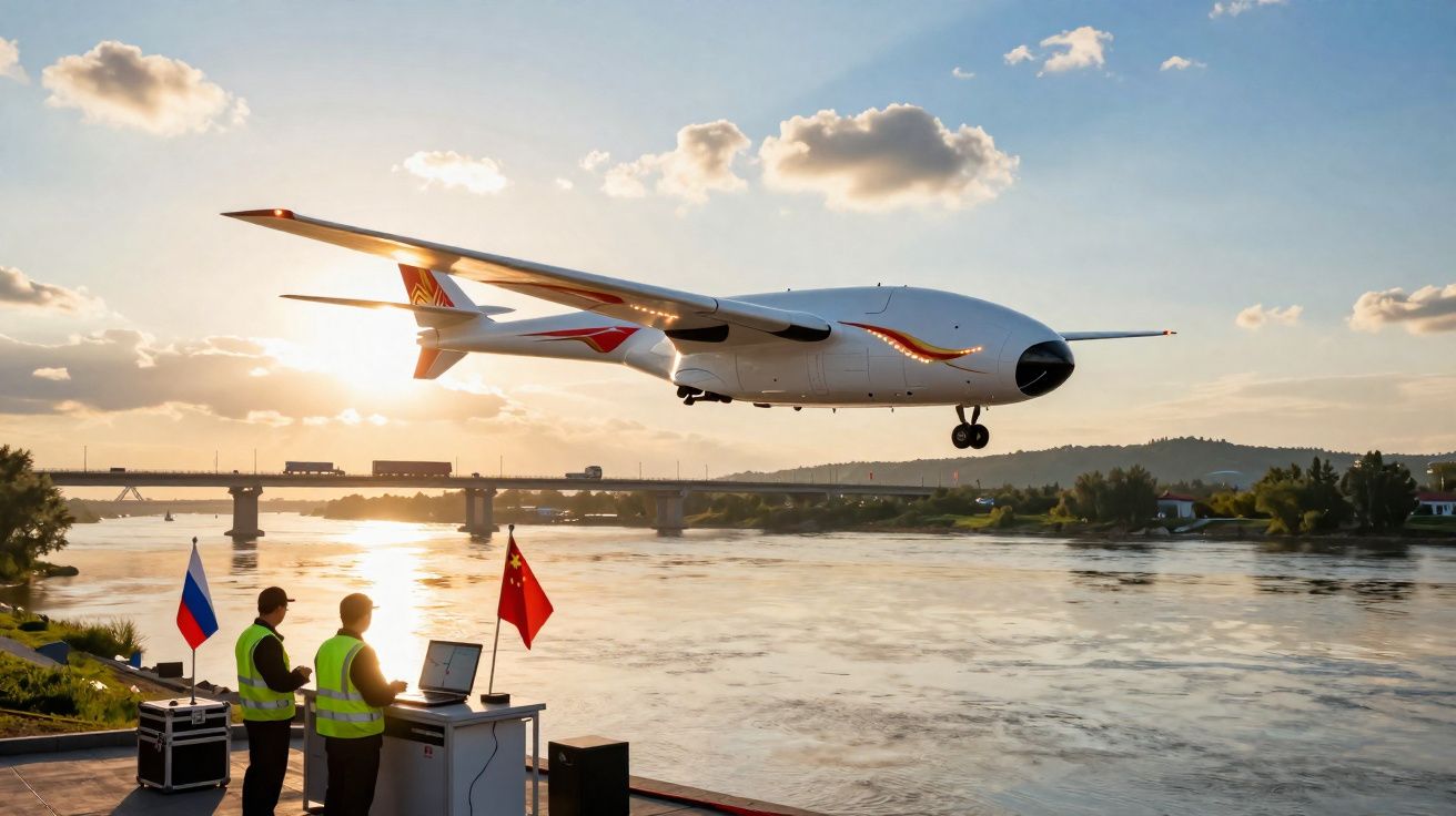 Drone futurista a voar sobre rio ao pôr do sol com duas pessoas e bandeiras da Rússia e China na margem.
