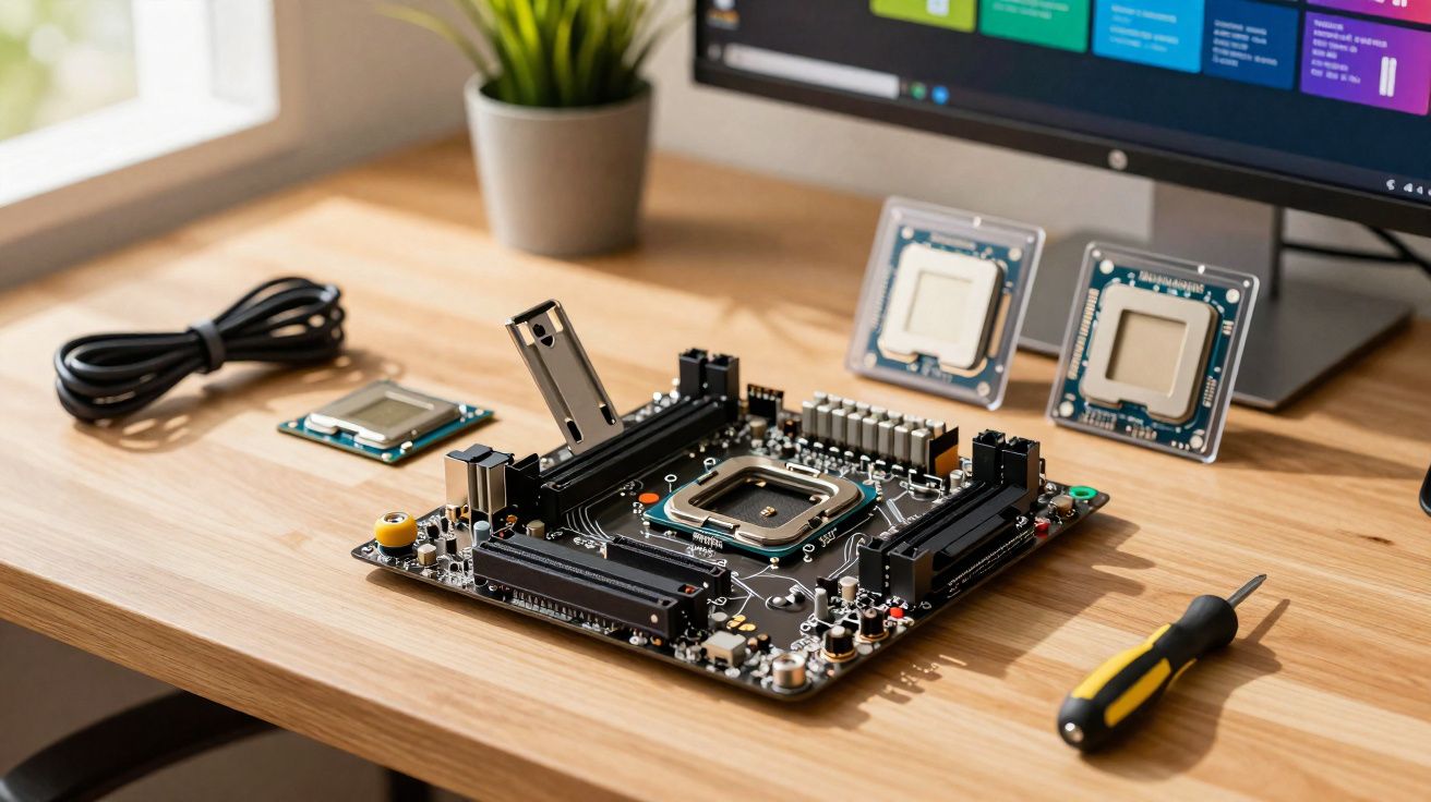 Mesa com placa-mãe, processadores, cabo USB, e uma chave de fendas para montagem de computador.