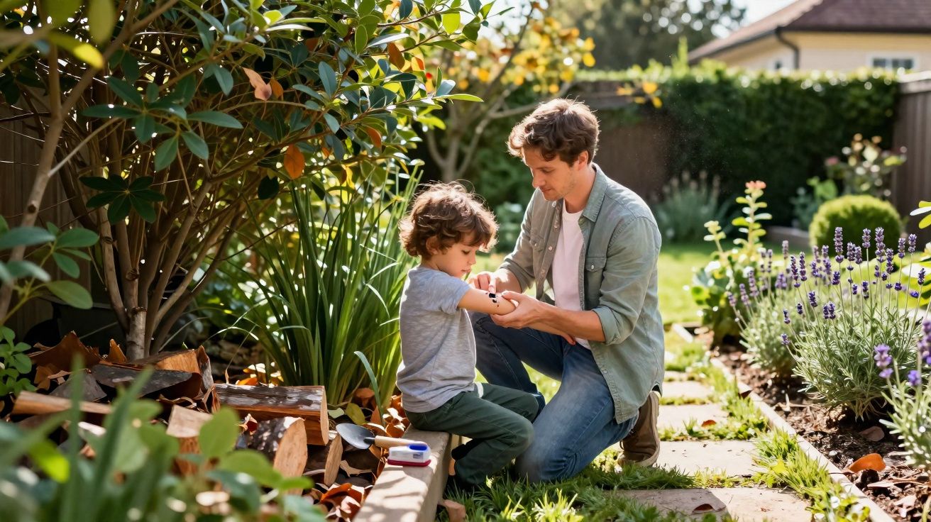 Pai ajuda filho a tratar de ferida no braço num jardim солнеiro e florido em casa.