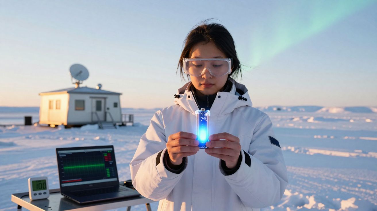 Cientista em roupa de inverno segura dispositivo com luz azul no campo nevado, com laptop e estação meteorológica.