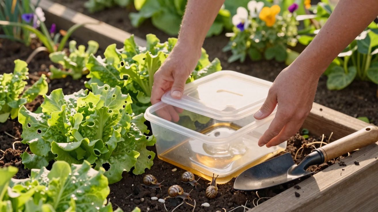 Mãos a colocar recipiente transparente sobre caracóis numa horta com plantas de alface e flores.