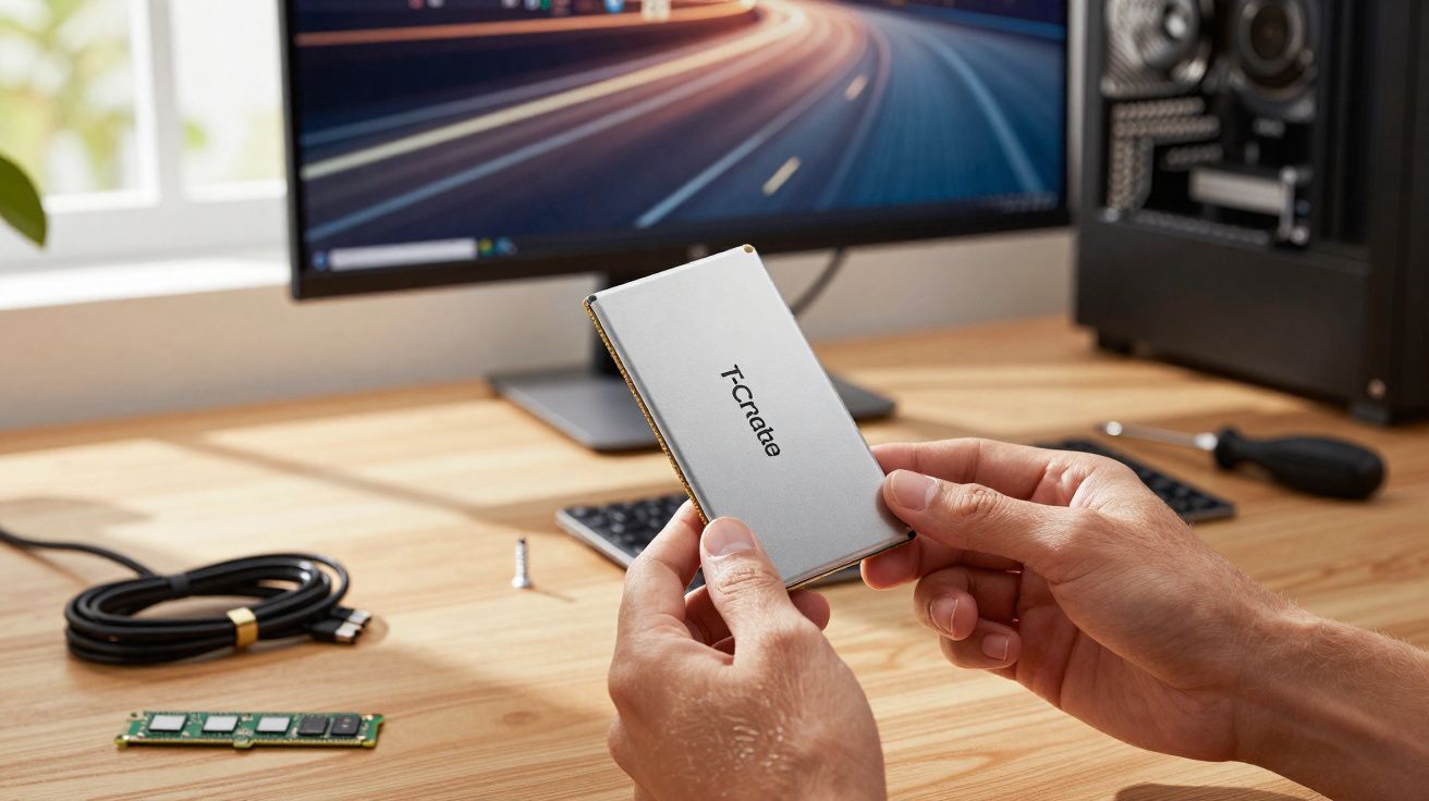 Pessoa a segurar um disco SSD T-Crate em frente a um computador com peças eletrónicas numa mesa de madeira.