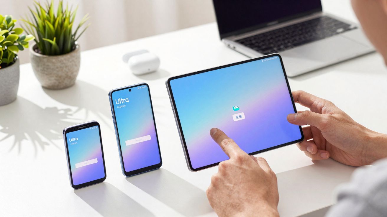 Pessoa a interagir com tablet dobrável e dois smartphones num espaço de trabalho minimalista.