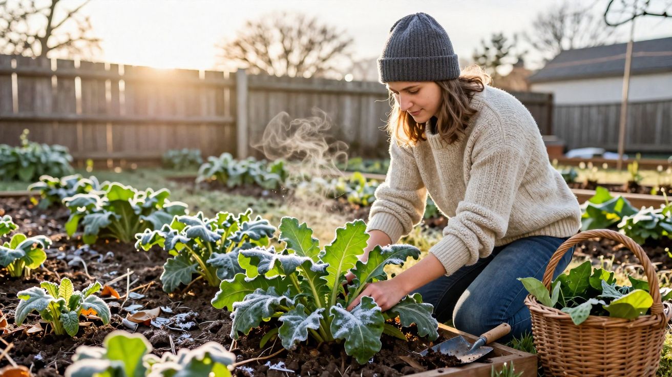 Mulher a cuidar de plantas verdes numa horta urbana ao ar livre numa manhã fria com geada.