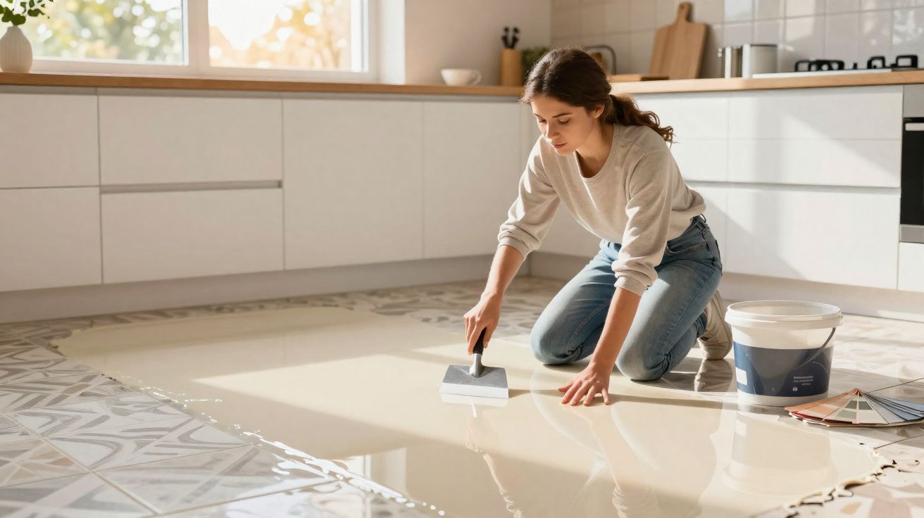 Mulher aplica revestimento epóxi num chão de azulejos numa cozinha moderna e iluminada.
