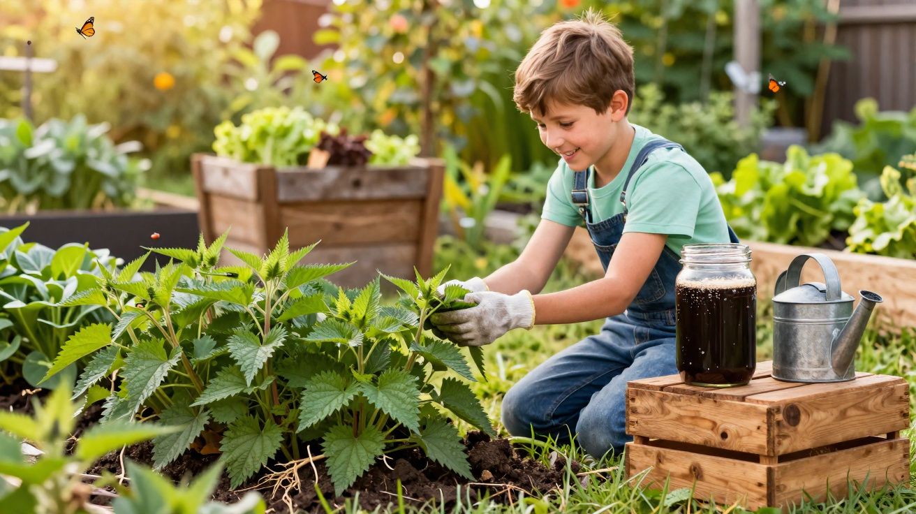 Menino sorridente a cuidar de plantas num jardim, com regador e jarro ao lado durante o dia.